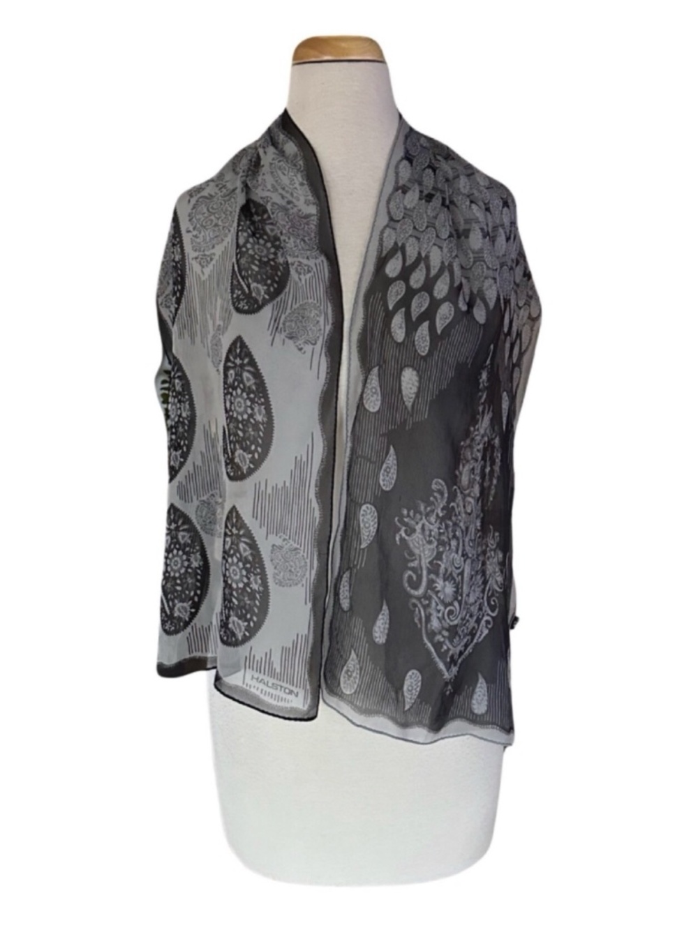 HALSTON Back & Gray Silk Scarf 13"x 56" Paisley Rectangle